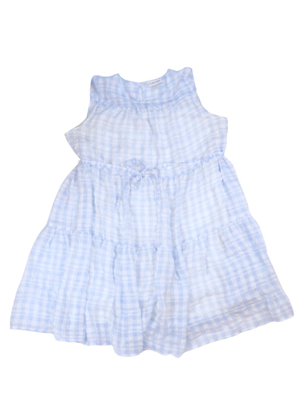 Calvin Klein Blue White Gingham Tiered Dress Size 12 Sleeveless Tie Waist